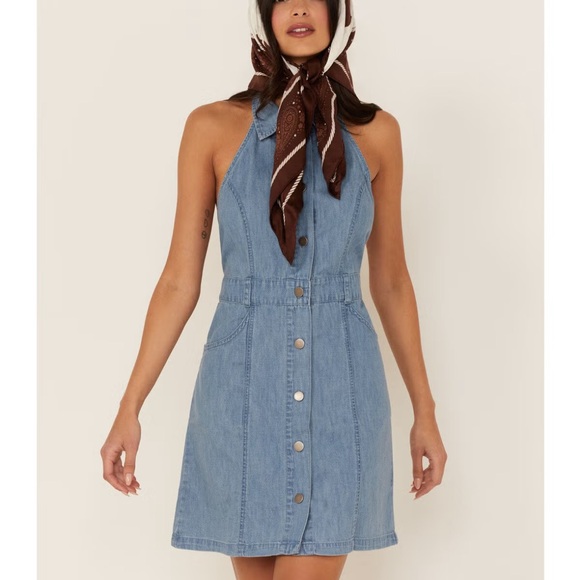 Free People Dresses & Skirts - Free People Sami Light Blue denim chambray halter Mini Dress 51869